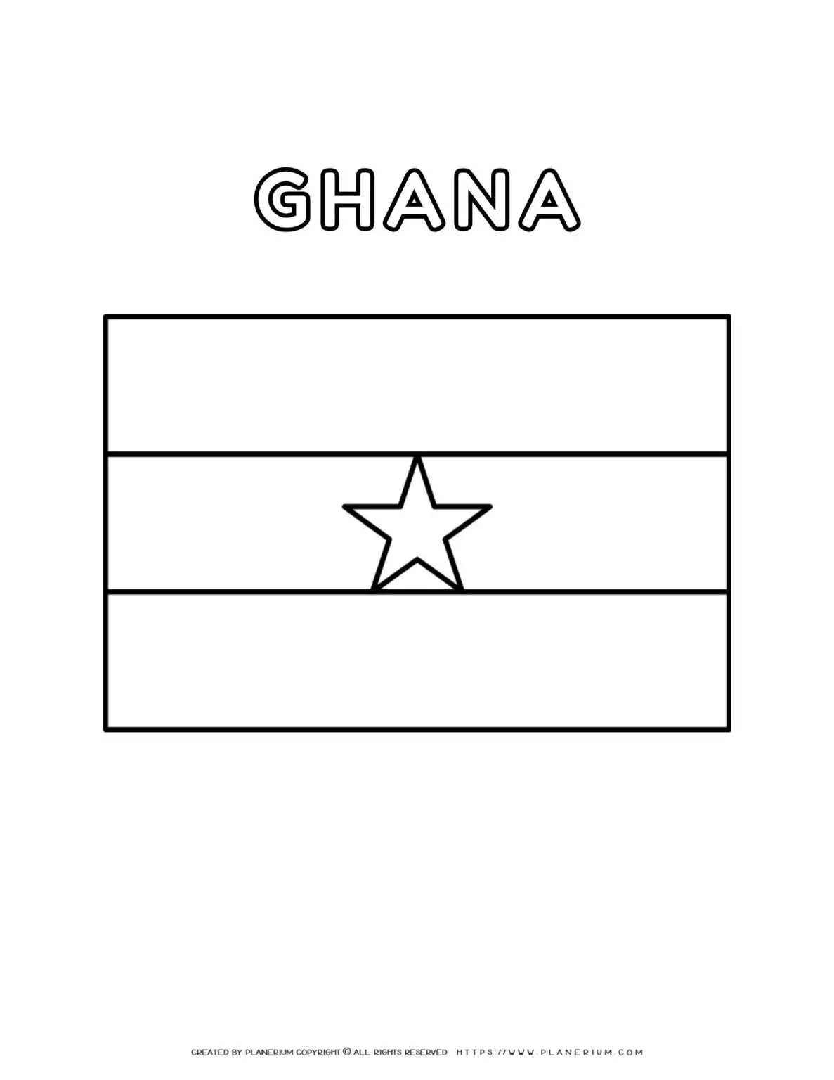 Ghana flag coloring page for kids to learn about African countries. Printable activity for educational purposes and cultural awareness.