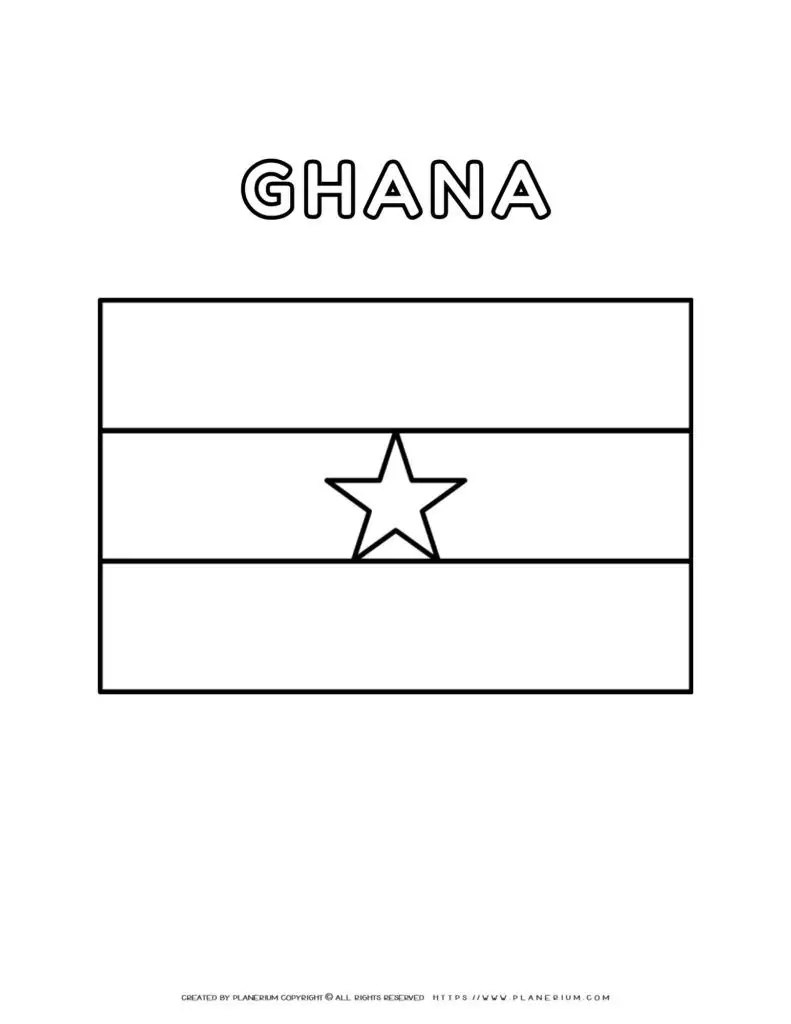 Ghana flag coloring page for kids to learn about African
  countries. Printable activity for educational purposes and cultural
  awareness.