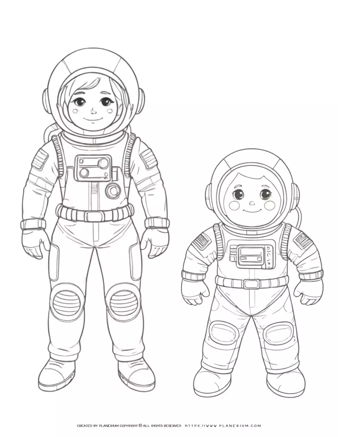 Astronaut boy and girl coloring page illustration for kids, space theme activity, printable astronaut characters for children's art projects.