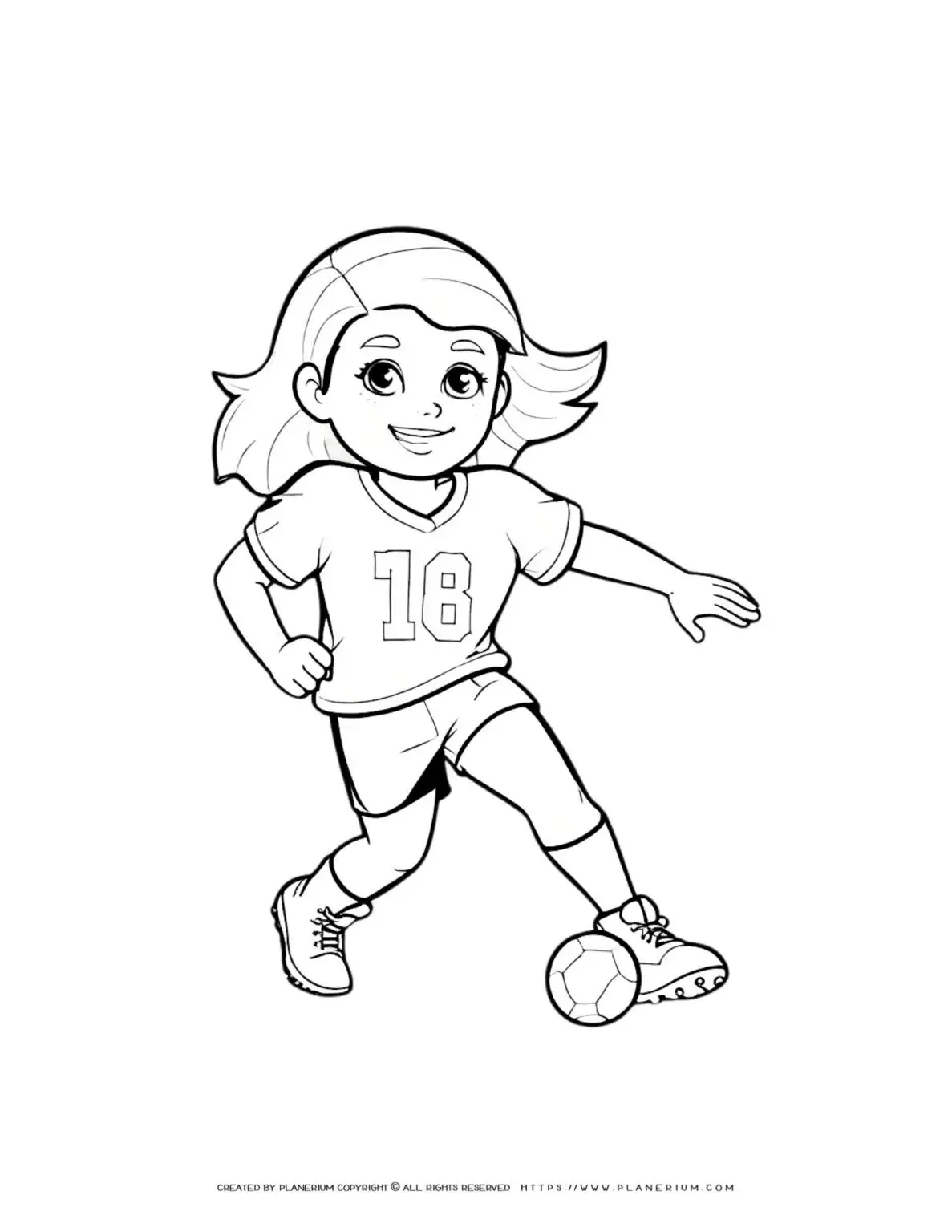 Soccer player girl coloring sheet for kids to print and color. Fun and engaging sports activity for children.