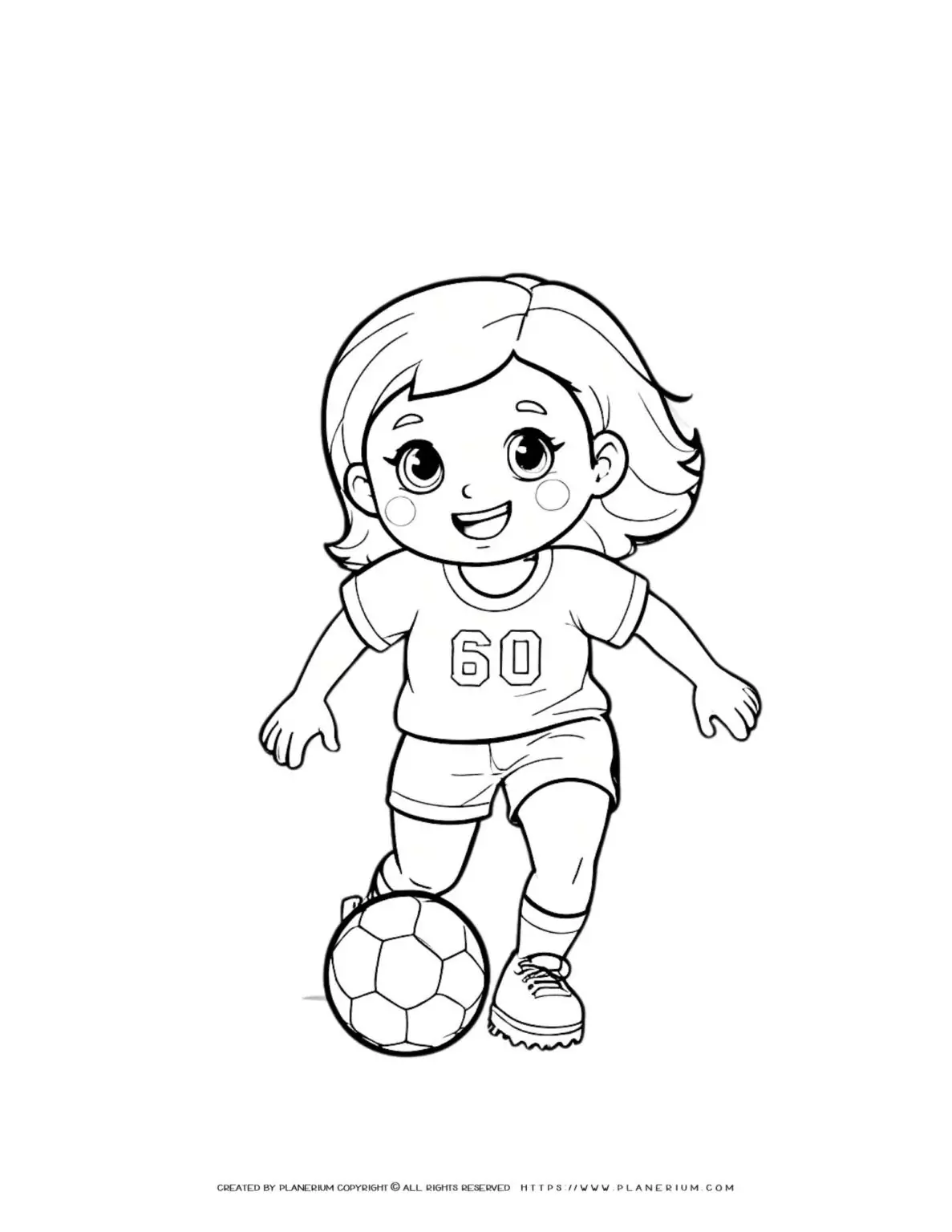 Soccer girl coloring page illustration for kids. Fun and creative activity for children. Ideal for sports enthusiasts and young artists.