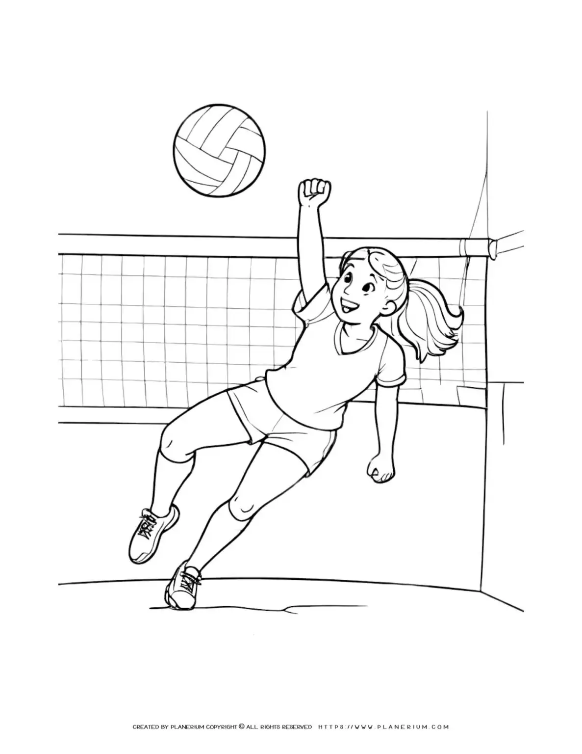 Volleyball coloring page featuring a girl playing the sport. Fun and engaging activity for kids. Perfect for sports enthusiasts and coloring lovers.