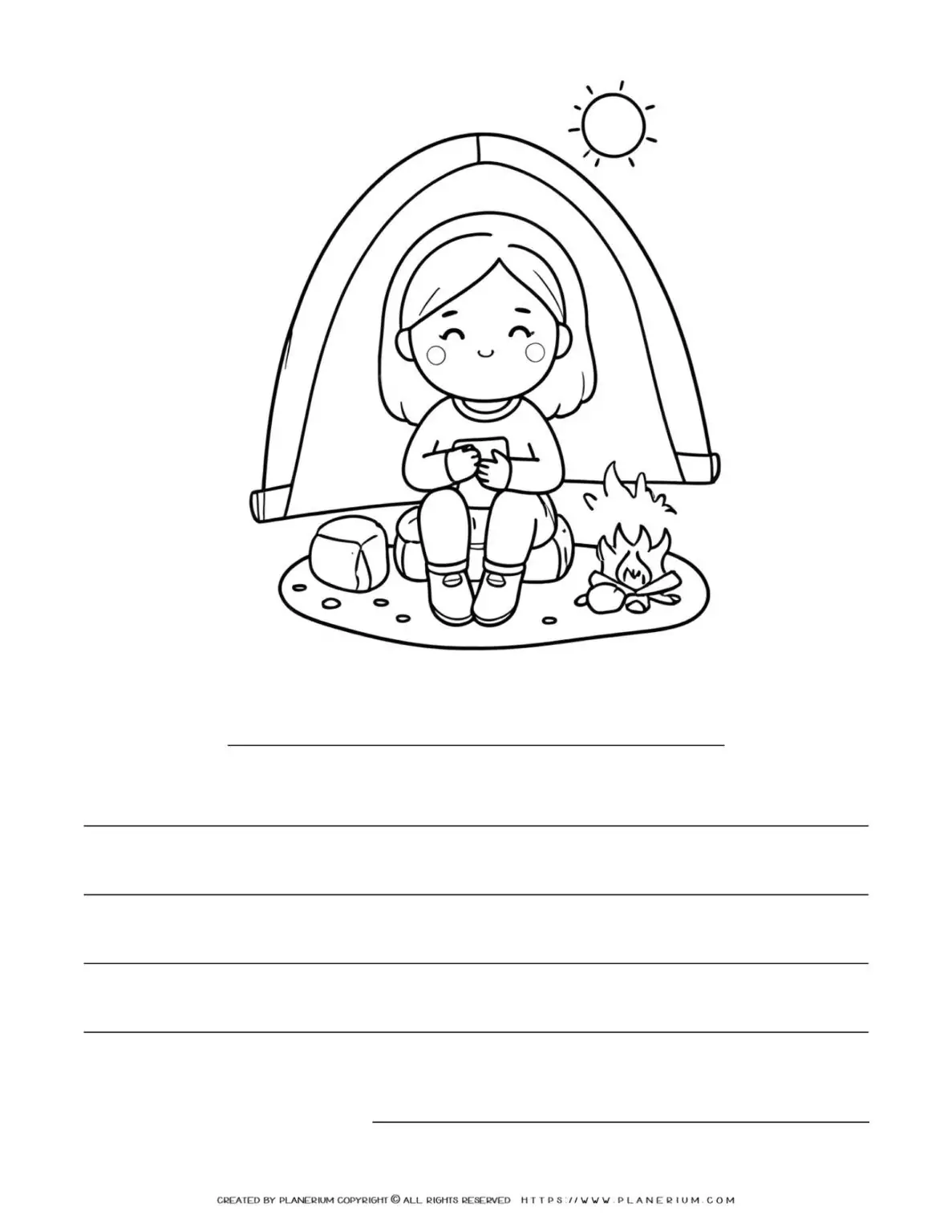 Girl camping with campfire and tent.