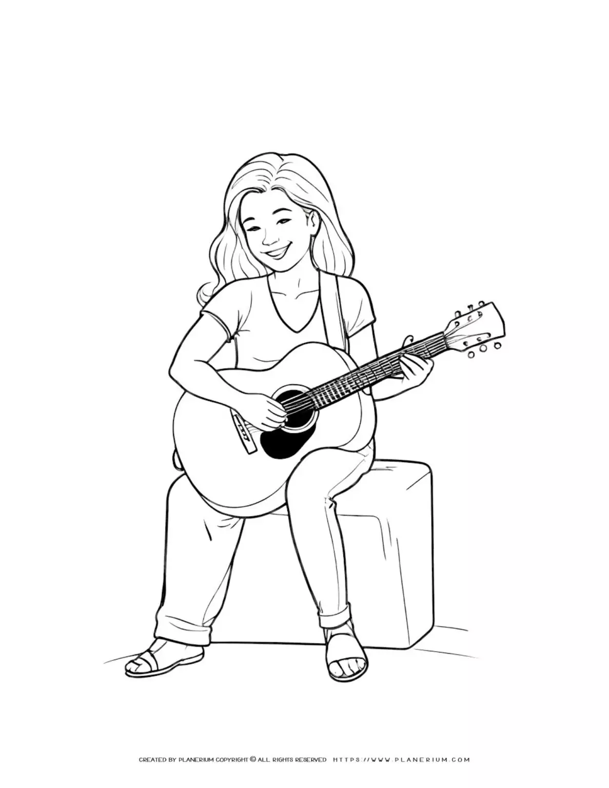Young girl playing guitar coloring page for kids, printable activity for children, music-themed coloring sheet, fun and creative art project.