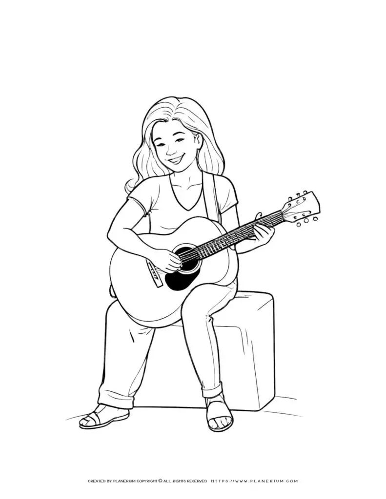 Young girl playing guitar coloring page for kids, printable activity for children, music-themed coloring sheet, fun and creative art project.