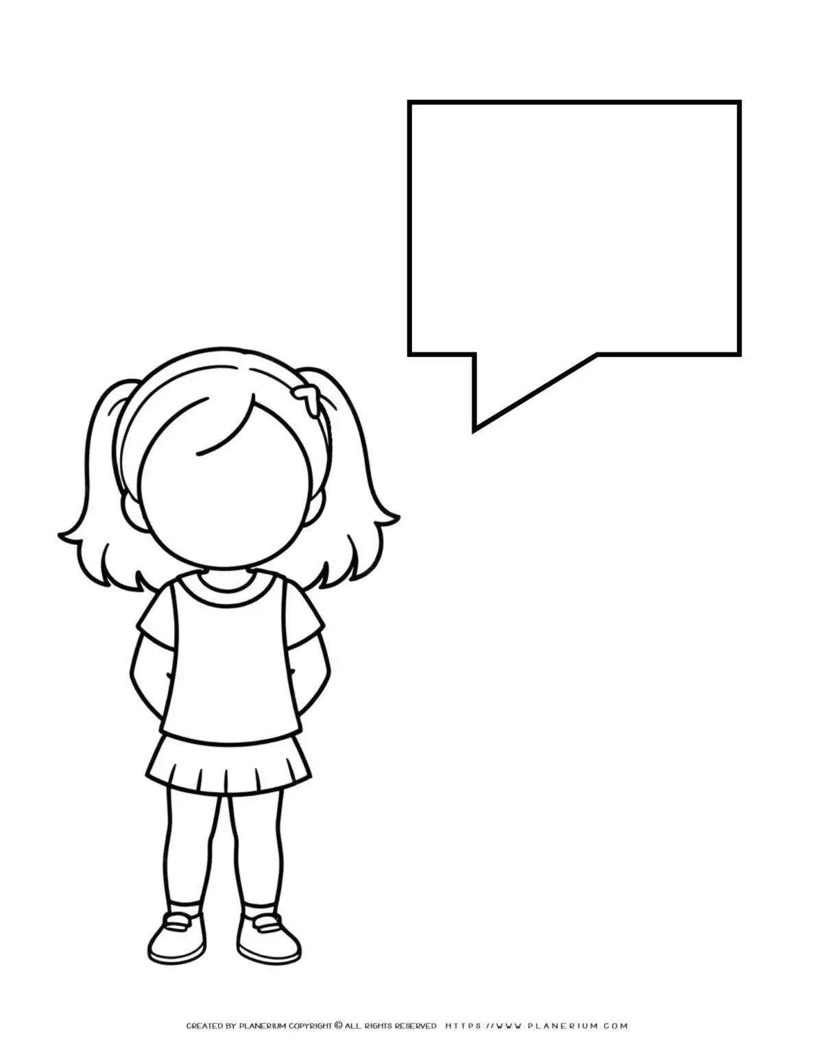 Girl with blank speech bubble for coloring.