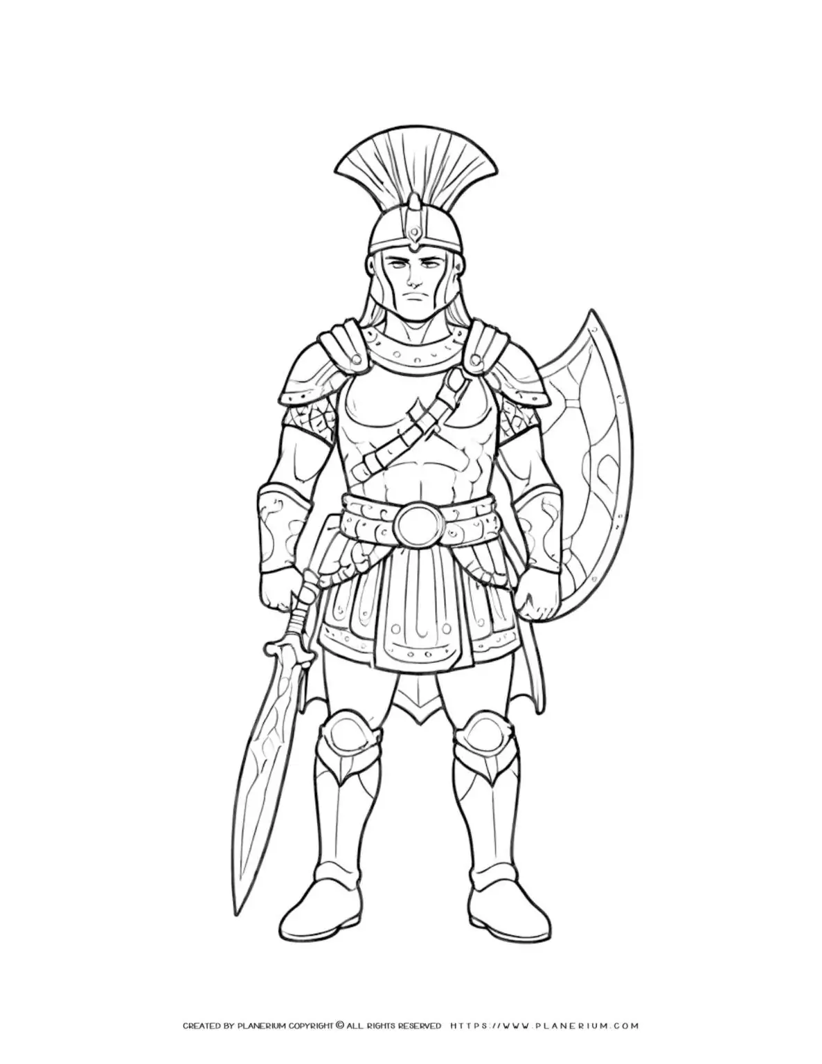 Greek warrior coloring page illustration for kids to enjoy and learn about ancient history and culture. Perfect for educational purposes.