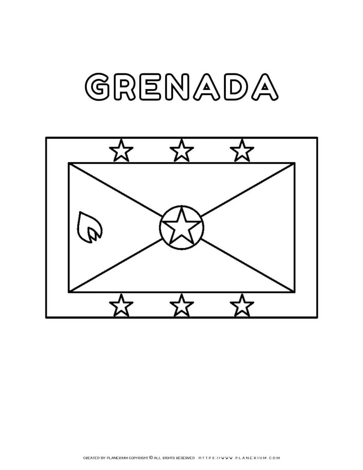 Grenada flag coloring page for kids to learn about national symbols and colors. Perfect for educational use and patriotic activities.