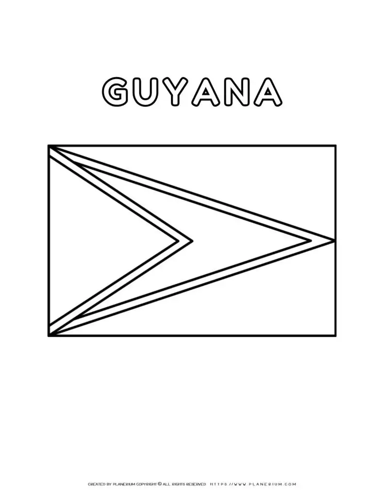 Guyana flag coloring page for kids to learn about South
  American countries. Printable activity for geography lessons and cultural
  education.