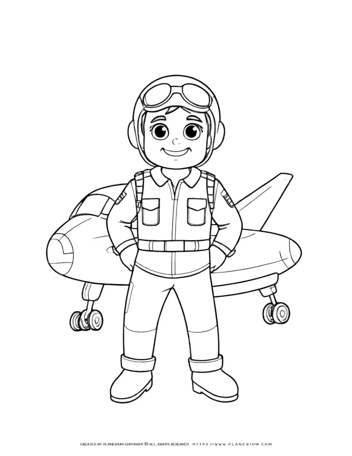 Coloring page of a cheerful pilot with suit outline and airplane backdrop. Ideal for kids who love aviation and adventure.