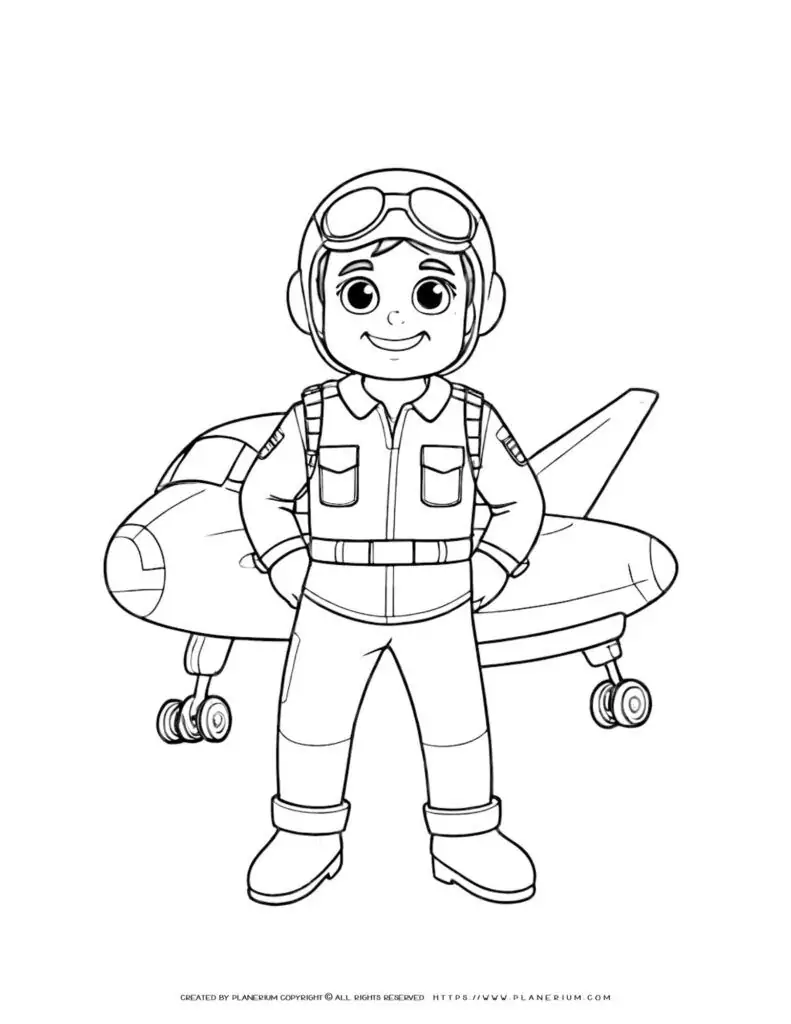 Coloring page of a cheerful pilot with suit outline and airplane backdrop. Ideal for kids who love aviation and adventure.
