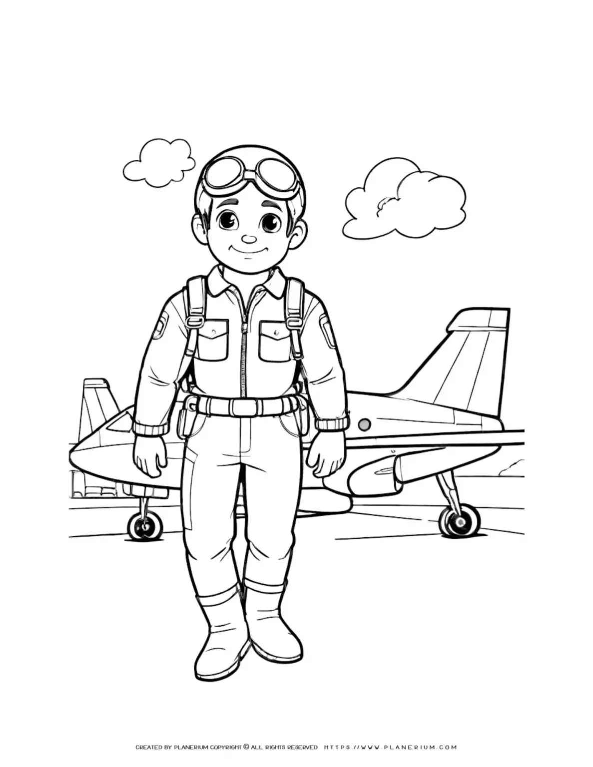 Coloring page of a cheerful pilot figure with a plane in the background. Ideal for kids who love aviation and adventure.