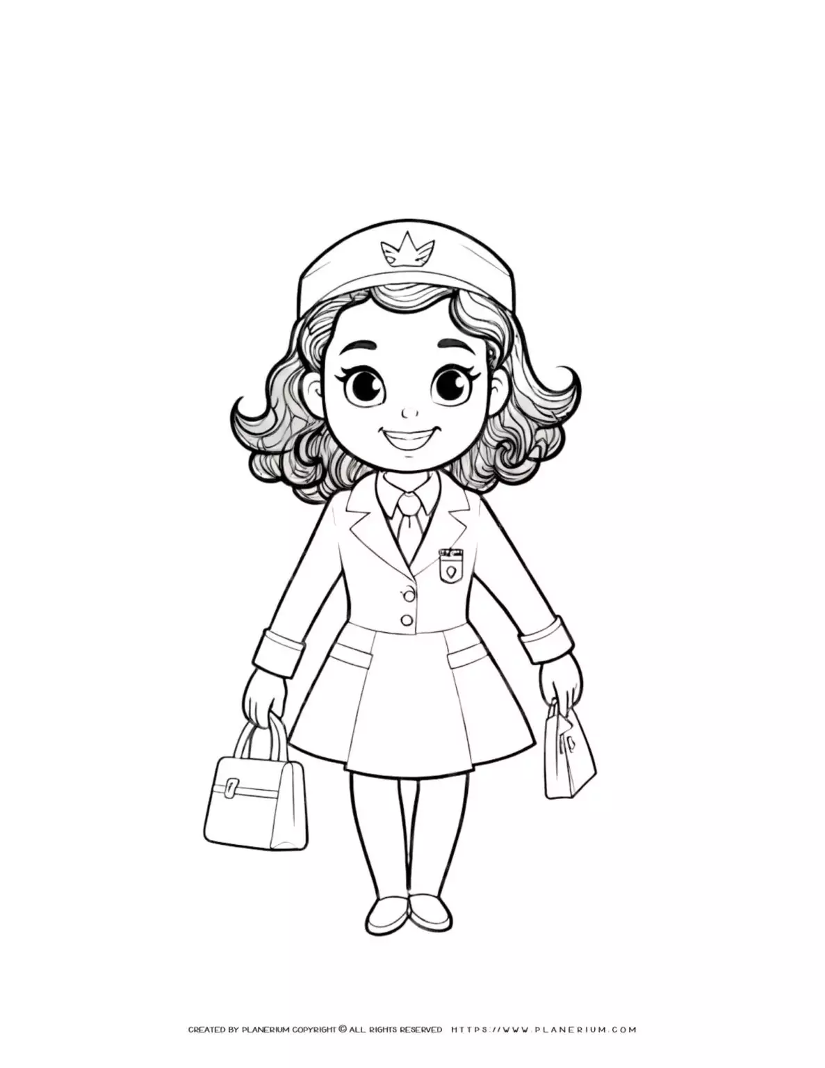 Cheerful flight attendant woman carrying bags in comic style coloring page. Full body front view illustration. Ideal for aviation enthusiasts.