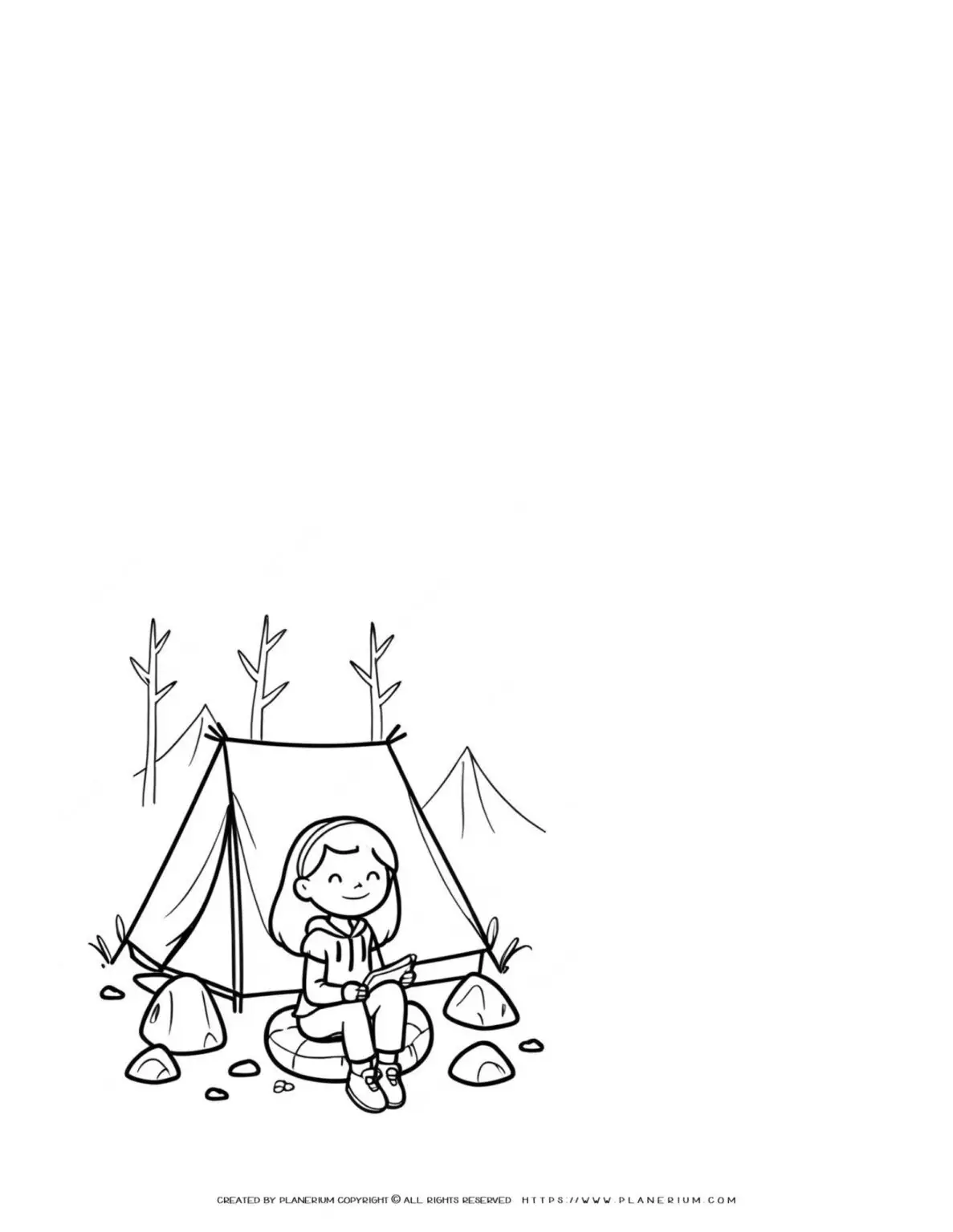 Child reading book outside a tent