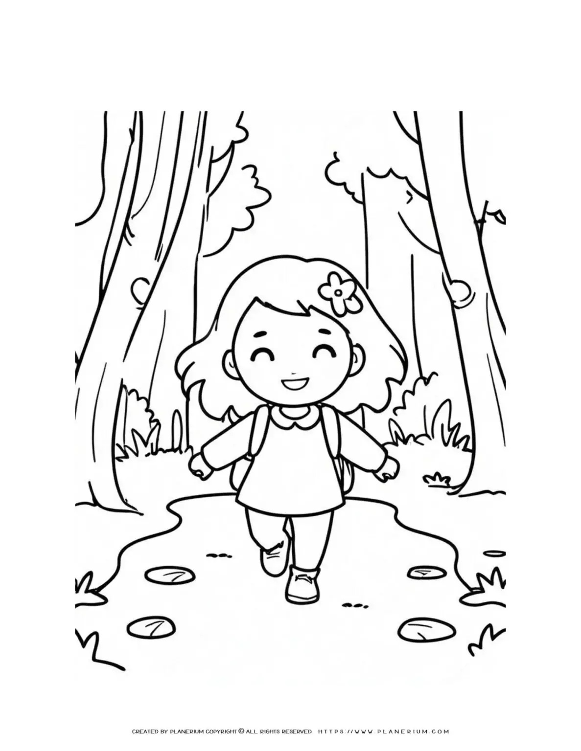 Cartoon girl running in the forest with a backpack