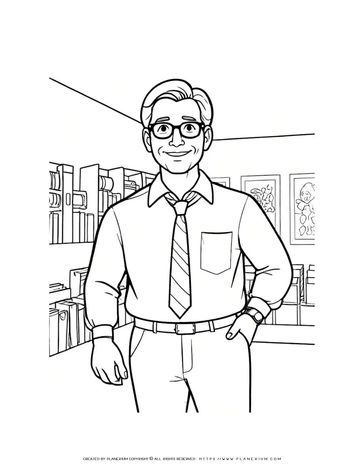 Professional male character coloring page with tie and glasses on indoor background. Perfect for creative activities and educational use.