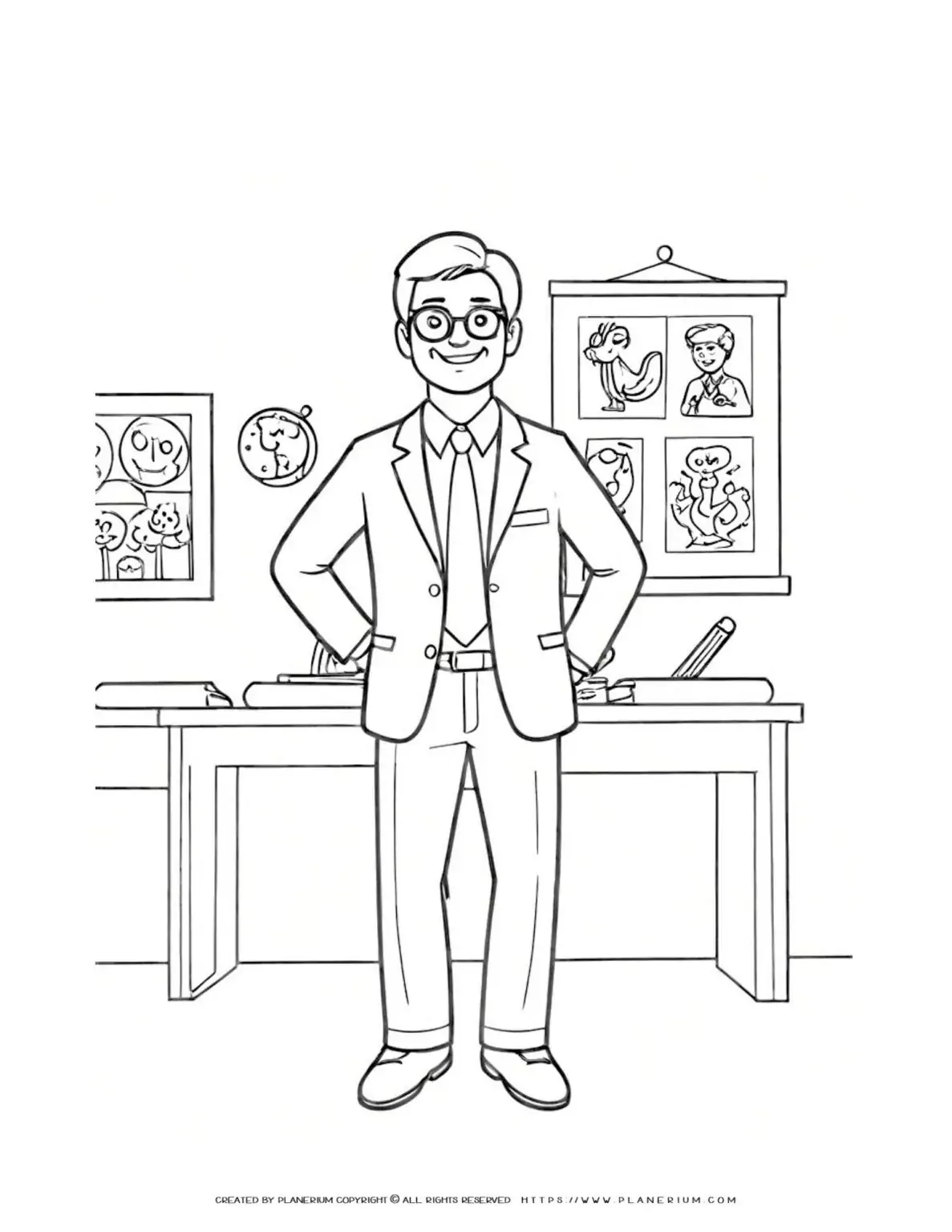 Male teacher standing in classroom coloring page for kids. Perfect activity for school or home. Ideal for developing creativity and fine motor skills.