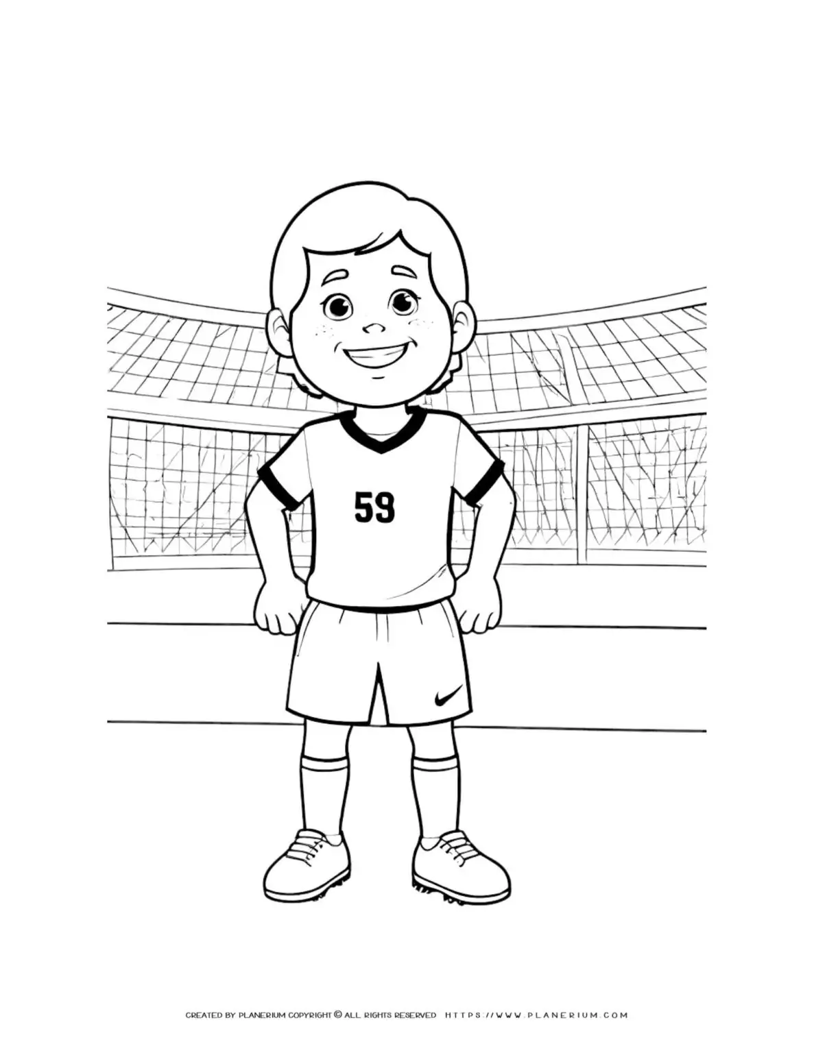 Soccer boy coloring page illustration on field, perfect for kids. Enjoy coloring fun with this happy soccer player. Great for sports lovers!