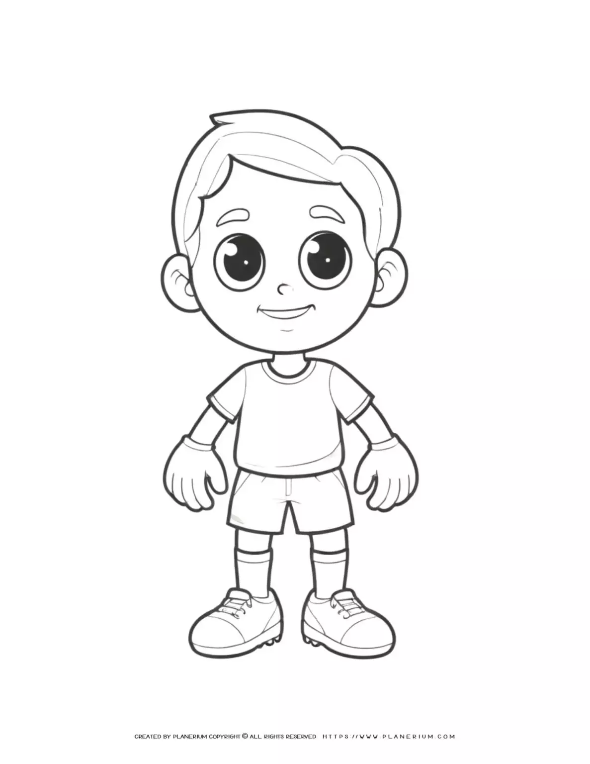 Soccer player coloring page in comic style featuring a happy boy standing. Perfect for kids who love sports and coloring activities.
