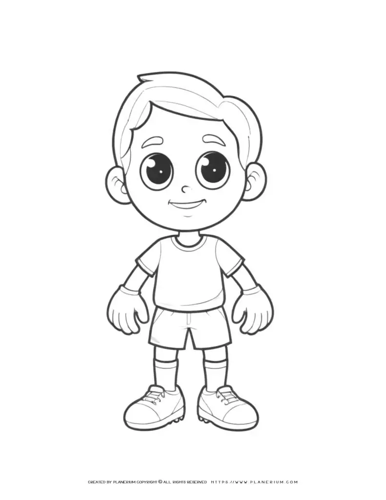Soccer player coloring page in comic style featuring a happy boy standing. Perfect for kids who love sports and coloring activities.
