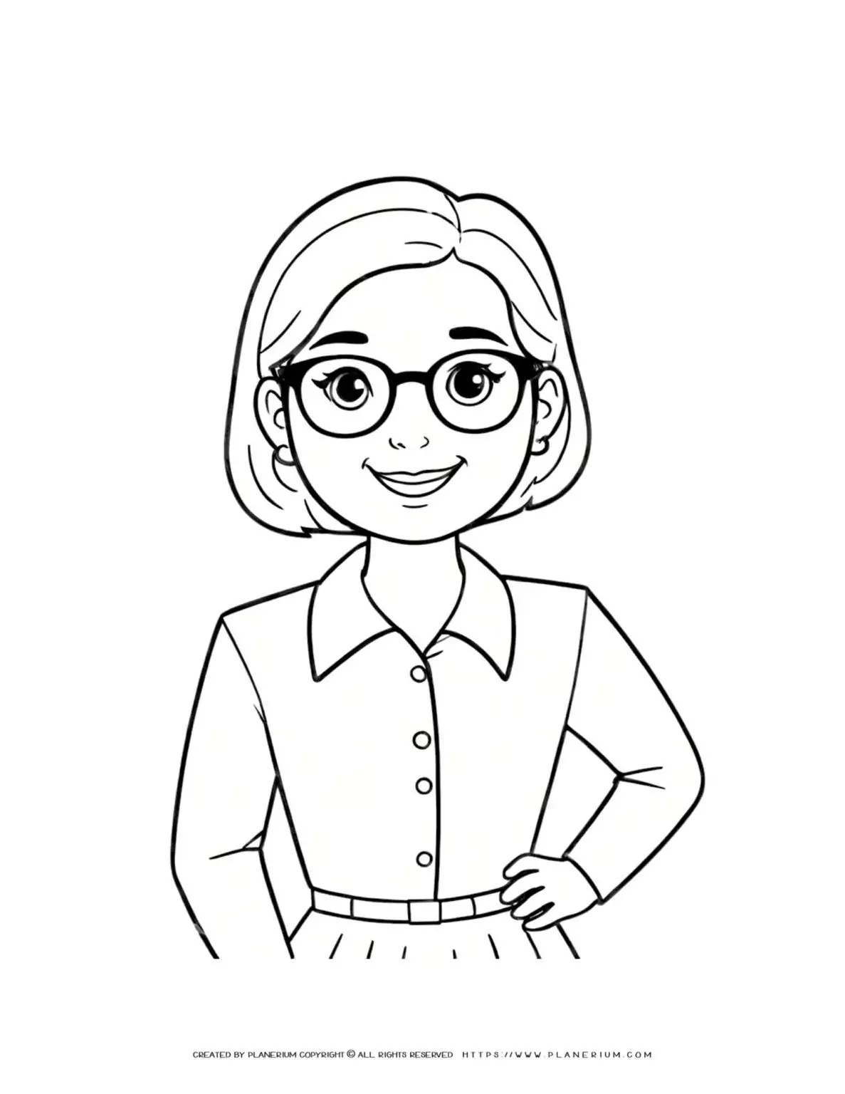 Illustration of a cheerful teacher wearing glasses, perfect for coloring. Ideal for educational activities and creative projects.
