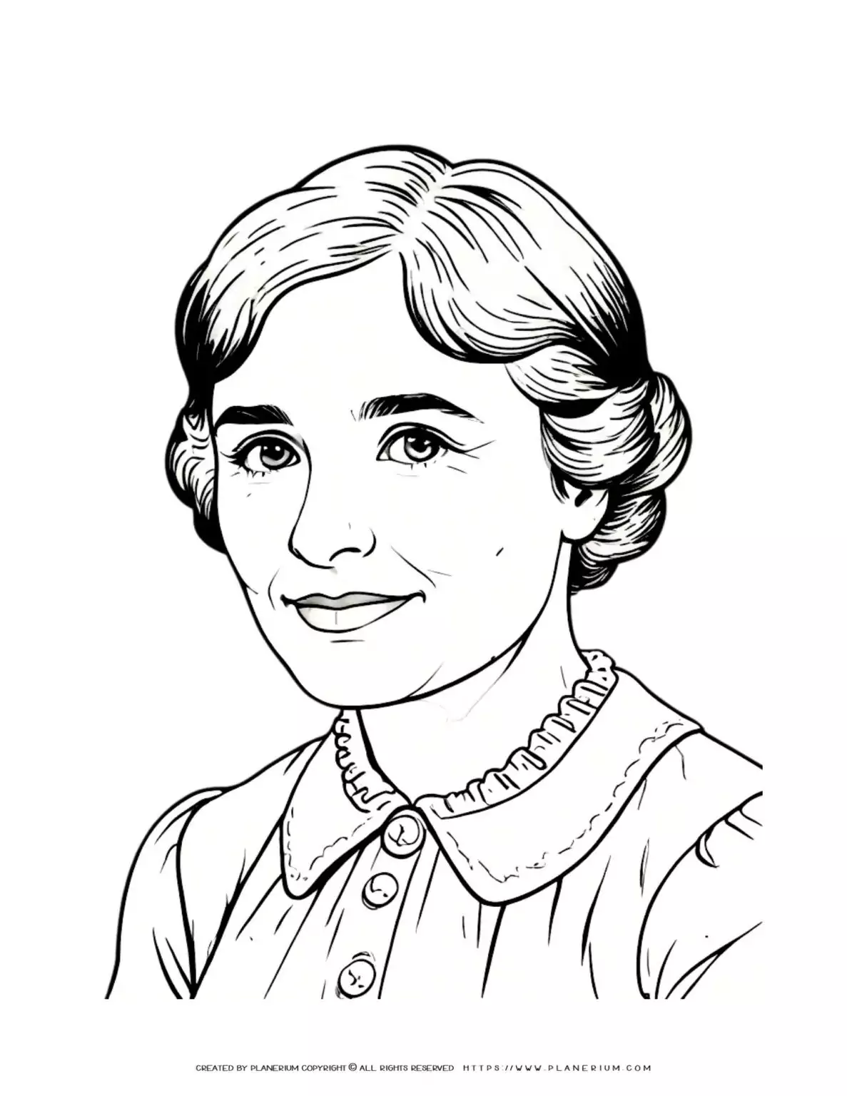 Black and white drawing of smiling woman