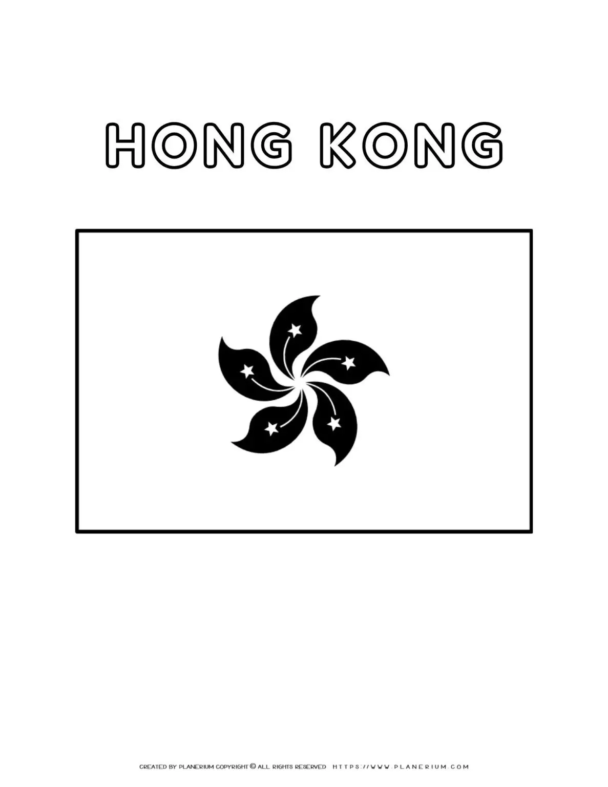 Hong Kong flag coloring page for kids to learn about national symbols. Printable activity for educational purposes and creative fun.