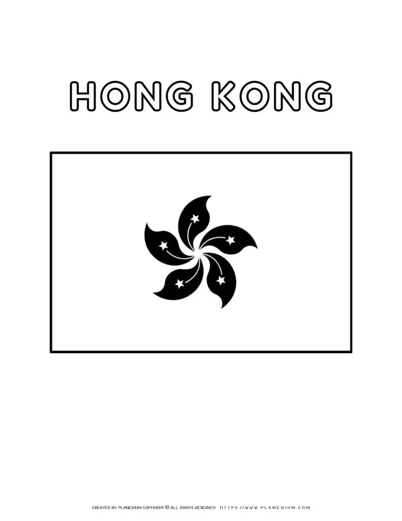 Hong Kong flag coloring page for kids to learn about
  national symbols. Printable activity for educational purposes and creative
  fun.