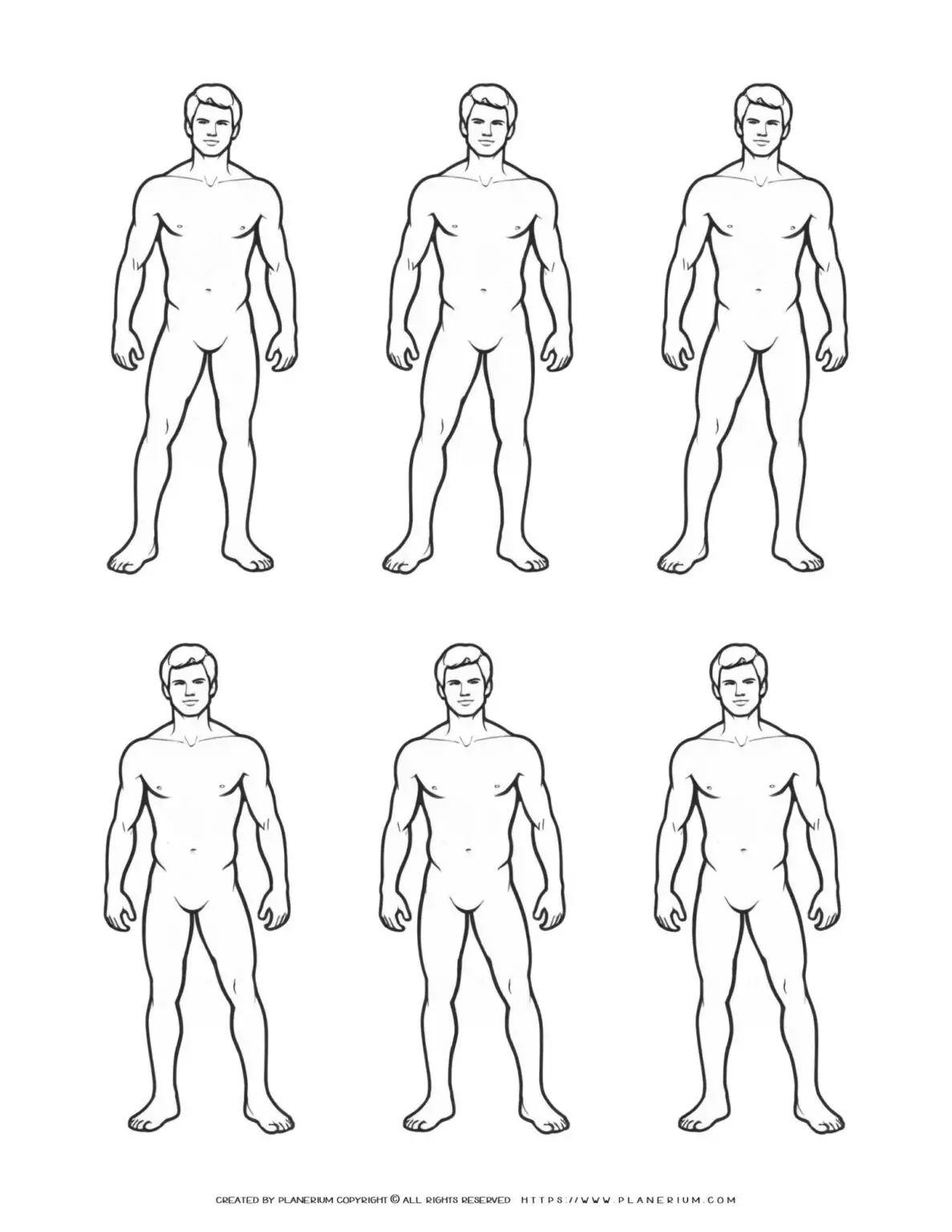 Six identical male character templates.