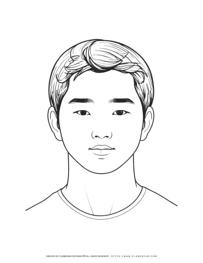 Asian boy portrait illustration in front view, showcasing detailed features and unique characteristics. Ideal for diverse design projects.