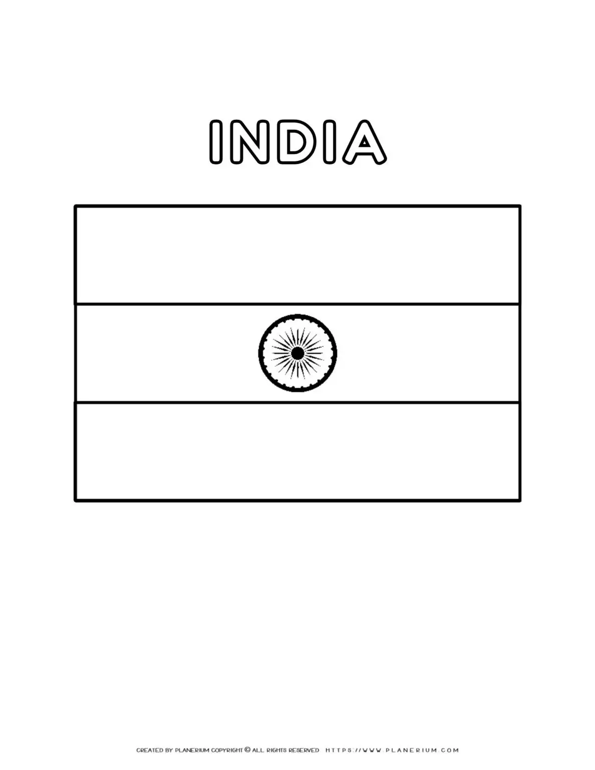 Coloring page of the Indian flag with Ashoka Chakra. Perfect for kids to learn about India's national symbol. Ideal for educational use.