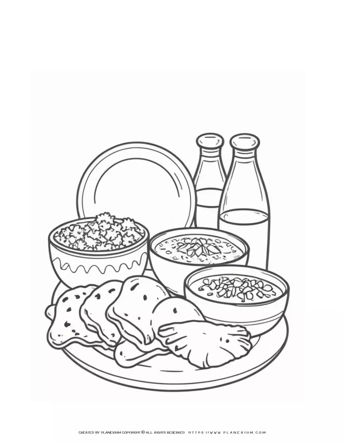 Illustration of various dishes and beverages on plate.
