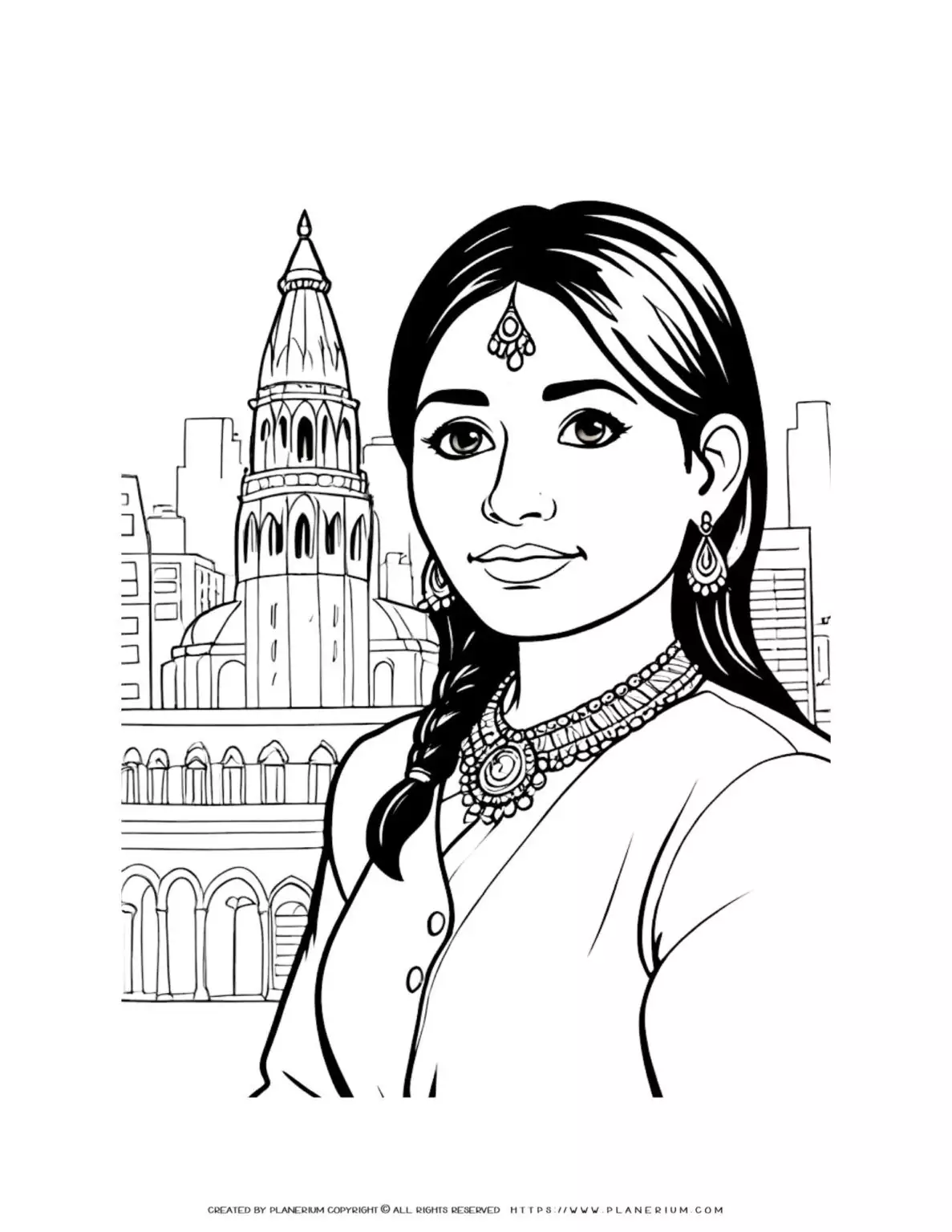 Illustration of Indian woman torso with city background coloring page, perfect for art enthusiasts and cultural explorers.