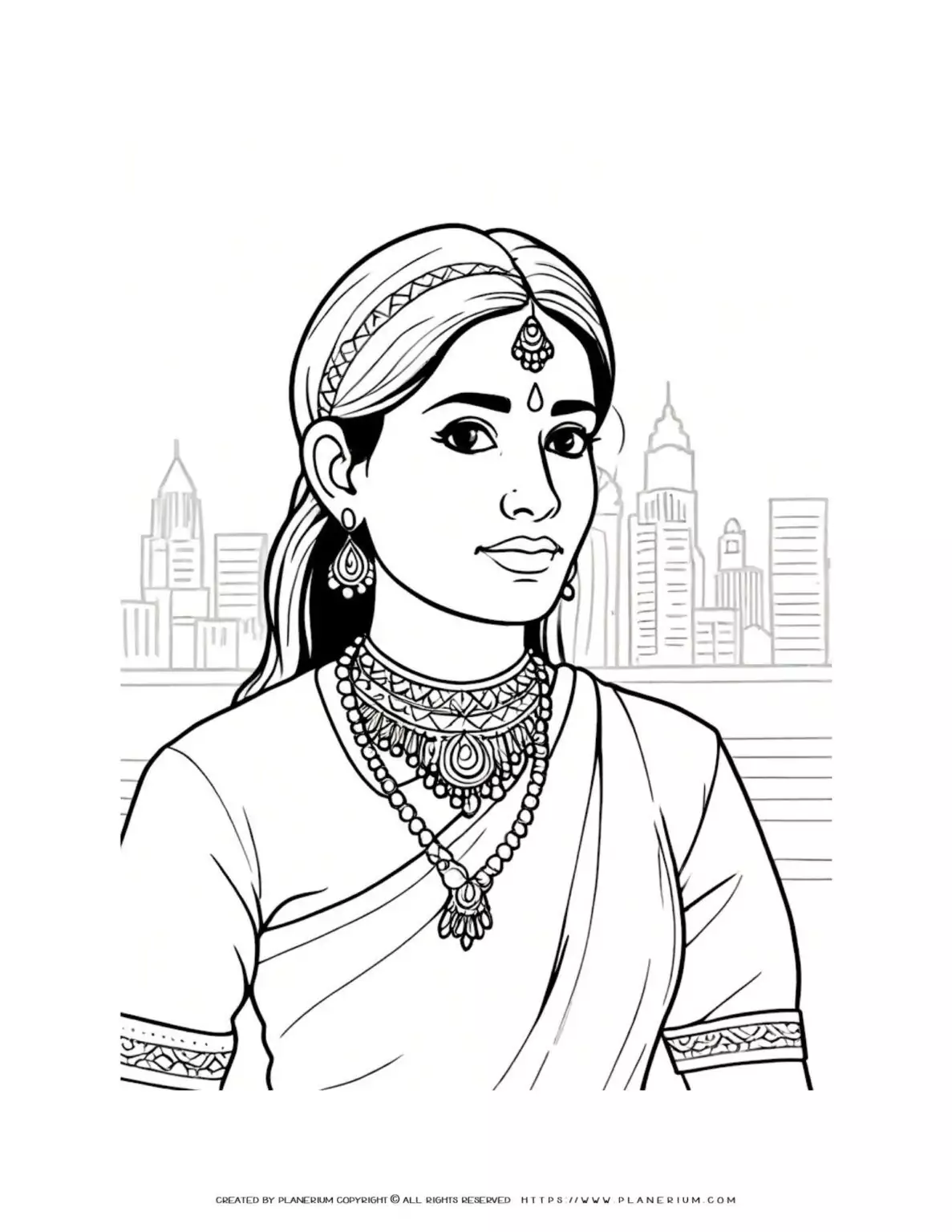 Detailed coloring page of an Indian woman's torso in traditional clothes illustration. Perfect for cultural art enthusiasts.