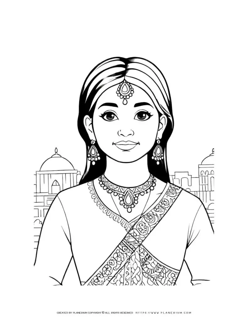 Detailed coloring page of an Indian woman in traditional clothes, perfect for art enthusiasts.