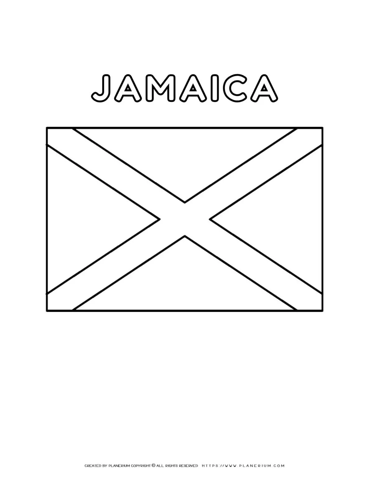 Jamaica flag coloring page for kids to learn about Caribbean culture and national symbols. Perfect for educational activities and crafts.