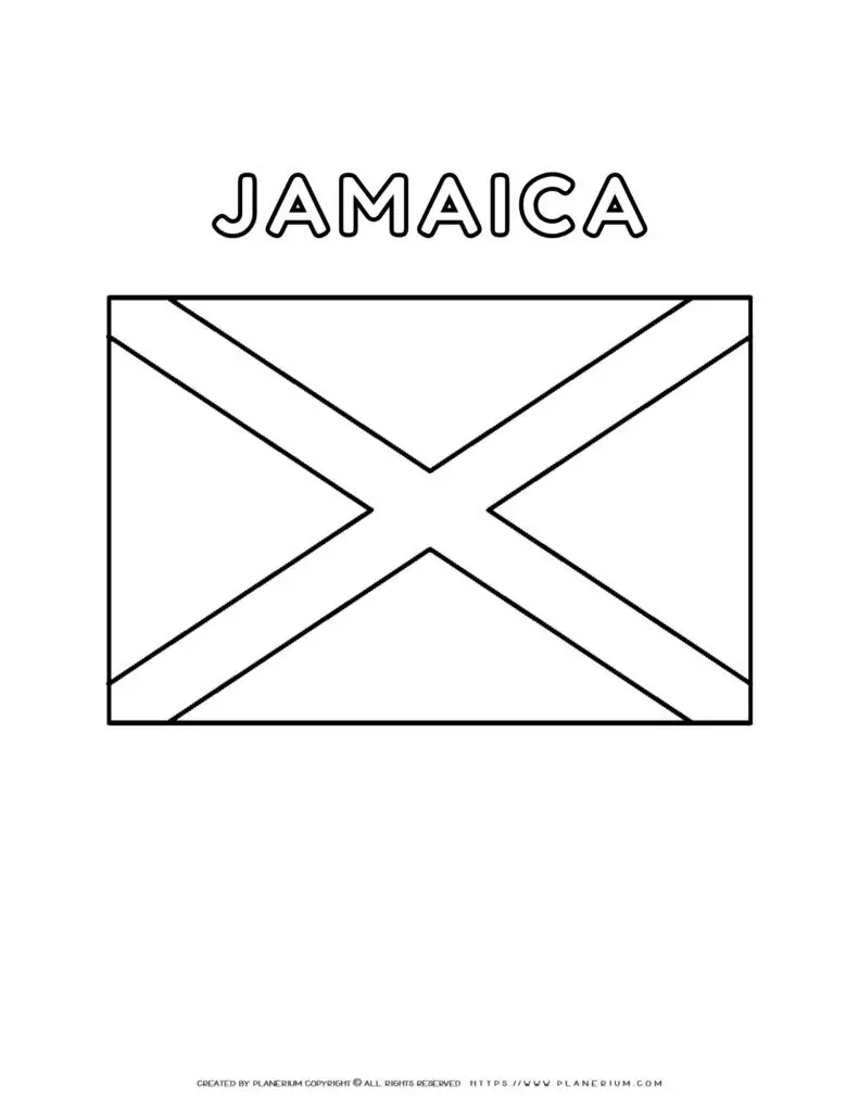 Jamaica flag coloring page for kids to learn about Caribbean
  culture and national symbols. Perfect for educational activities and crafts.