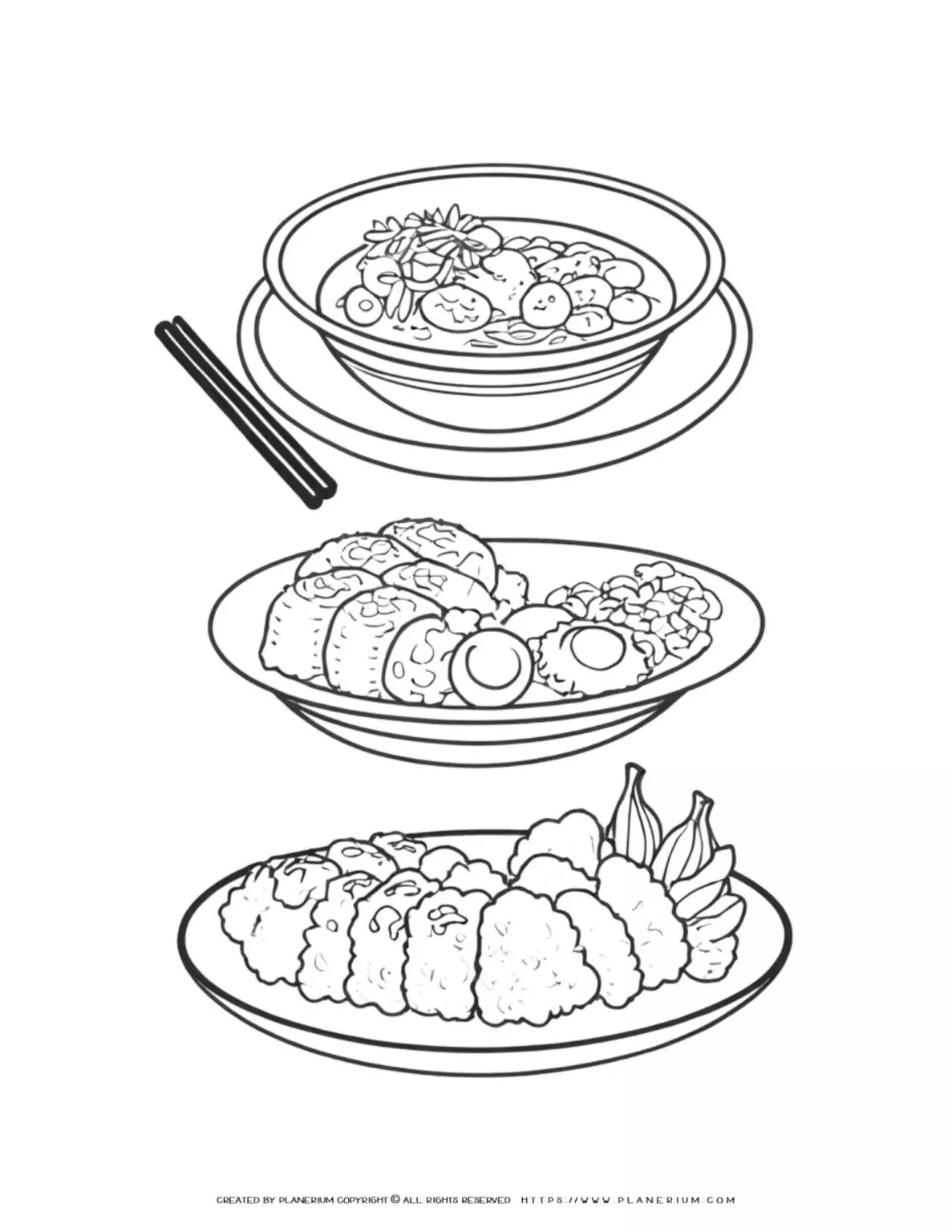 Illustration of various Asian food dishes.