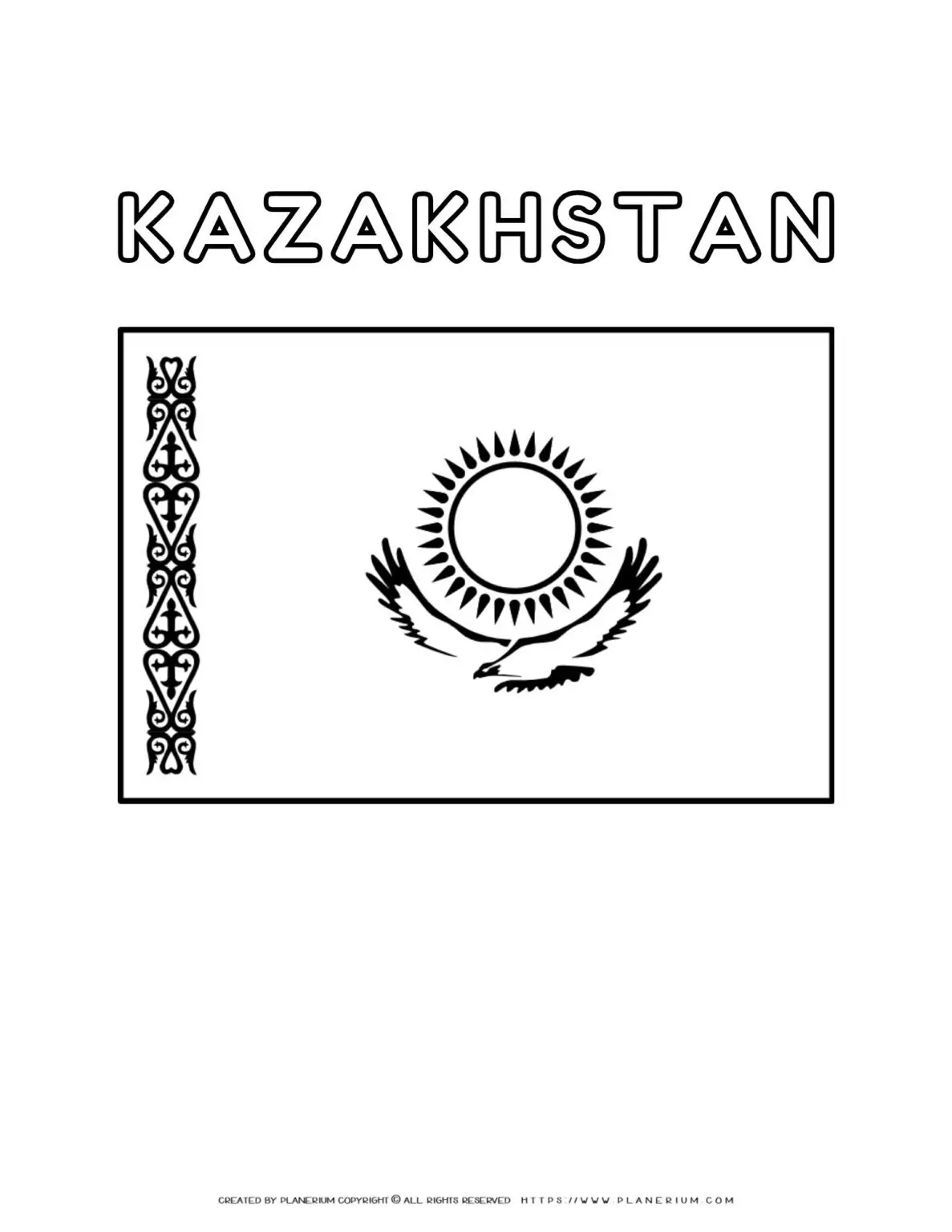 Kazakhstan flag coloring page for kids to learn about national symbols. Fun and educational activity for children.