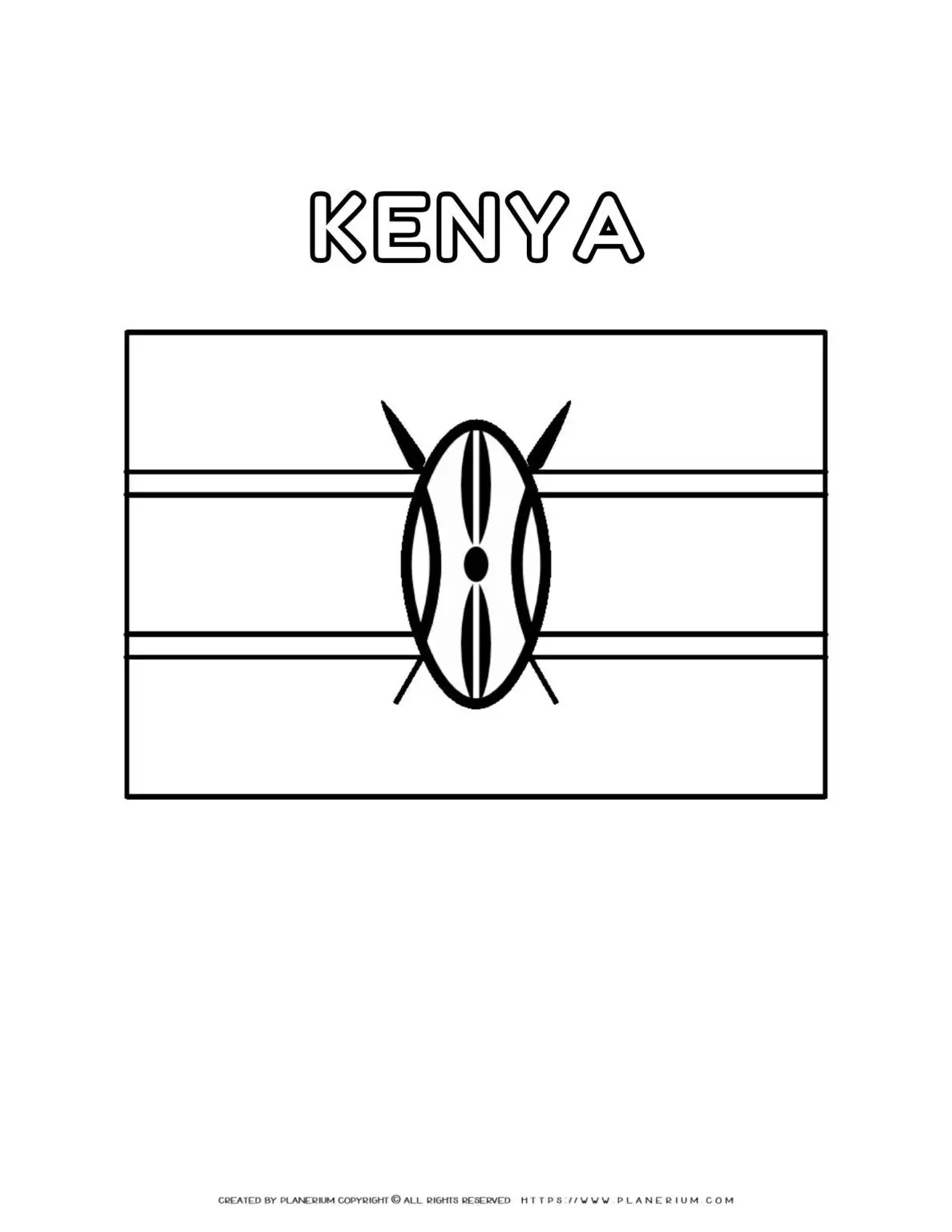 Kenya flag coloring page for kids to learn about African countries. Printable sheet with the national flag of Kenya. Fun and educational activity.