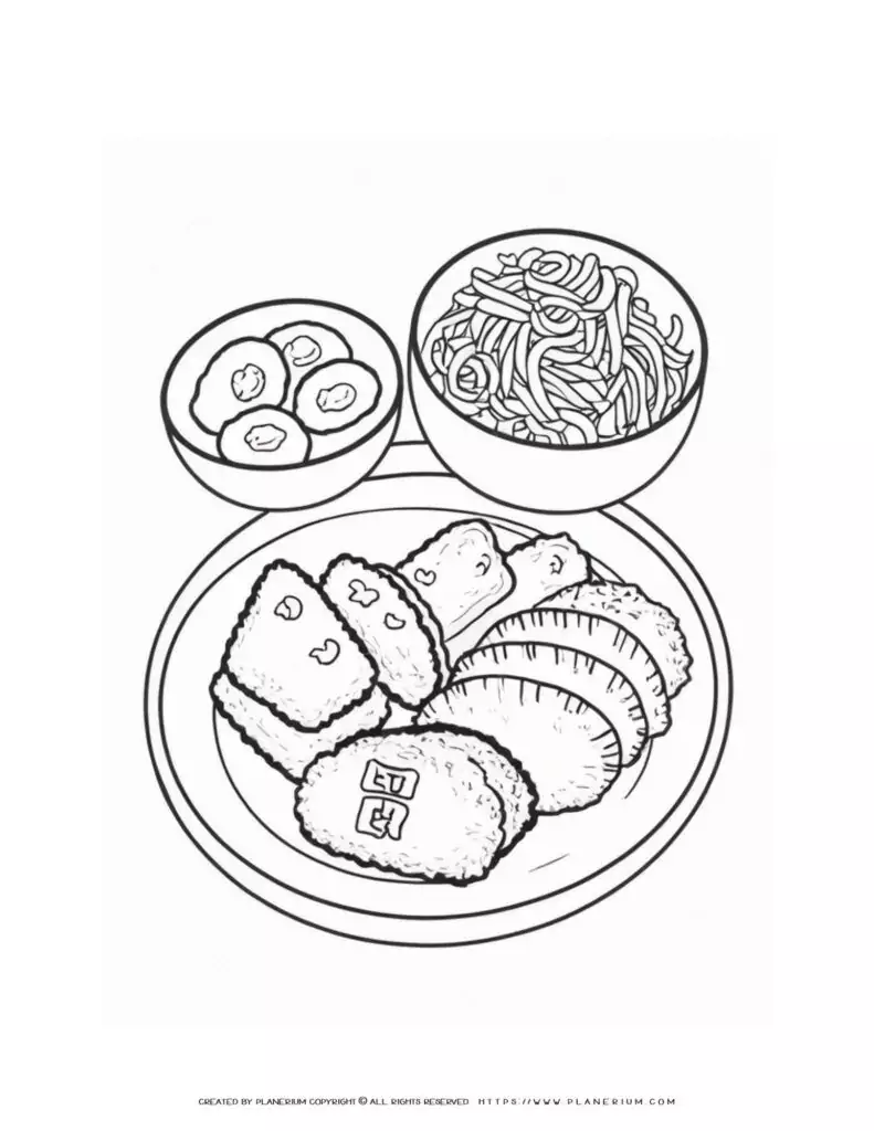 Japanese meal with bowls and plate.