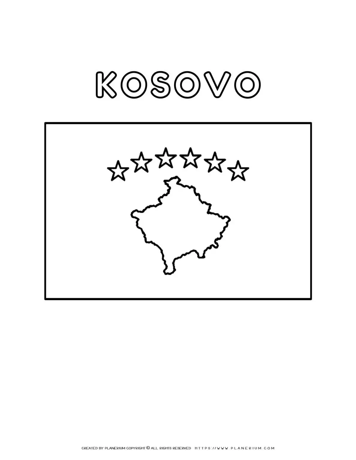 Kosovo flag coloring page for kids to learn about national symbols. Printable activity for educational purposes and creative fun.