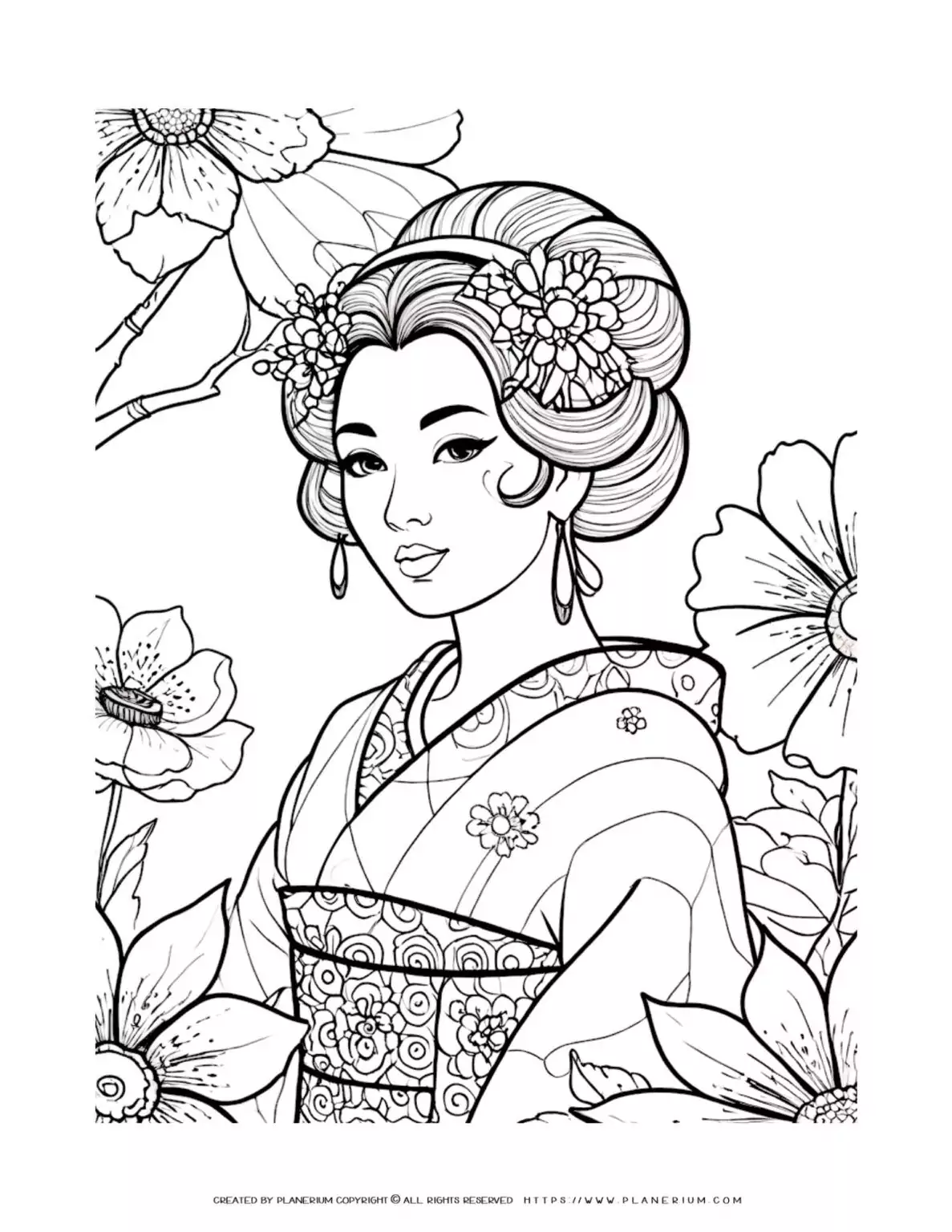 Coloring page of woman in traditional attire with flowers.
