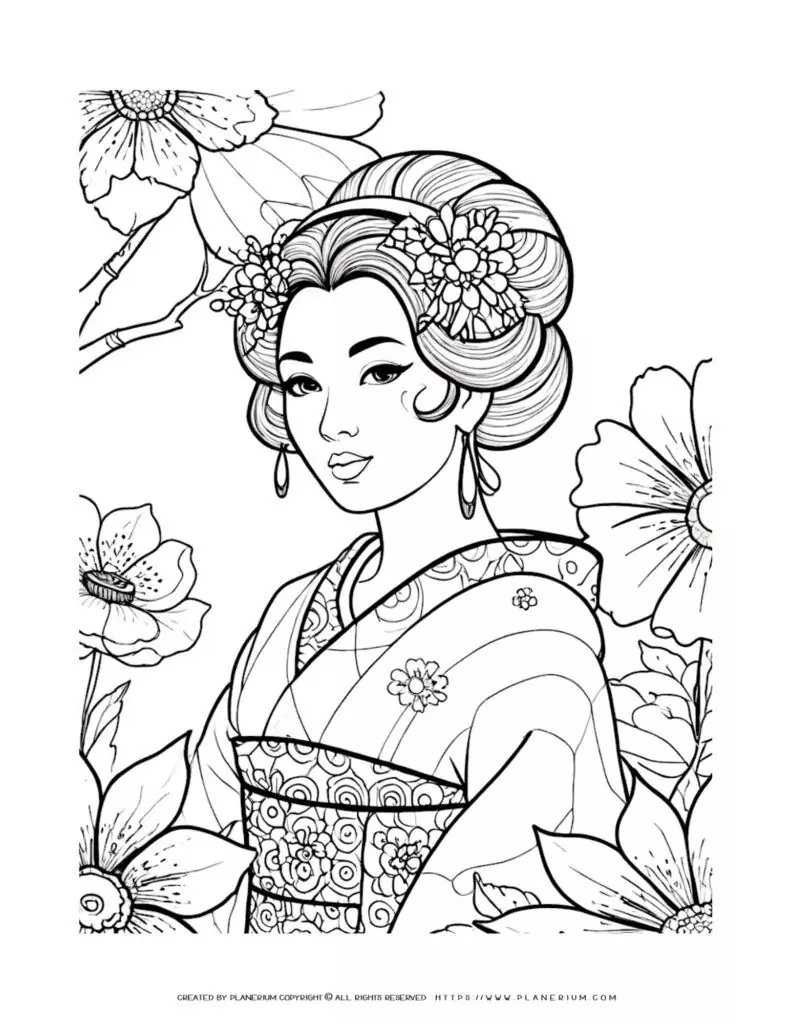 Coloring page of woman in traditional attire with flowers.