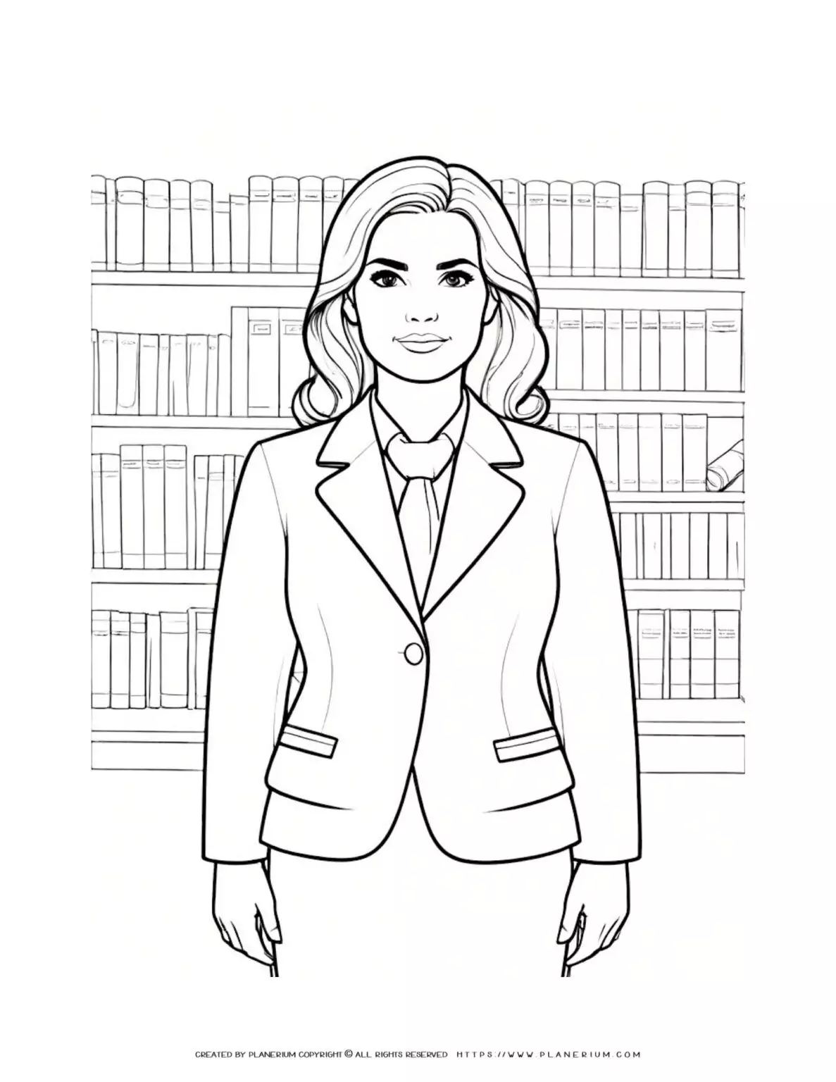 Line art woman in suit in library