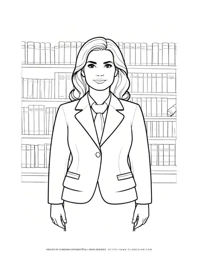 Line art woman in suit in library