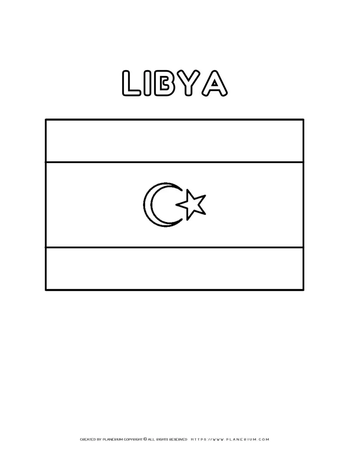 Coloring page of the flag of Libya for kids to learn about the country's national symbol. Perfect for educational purposes and creative fun.