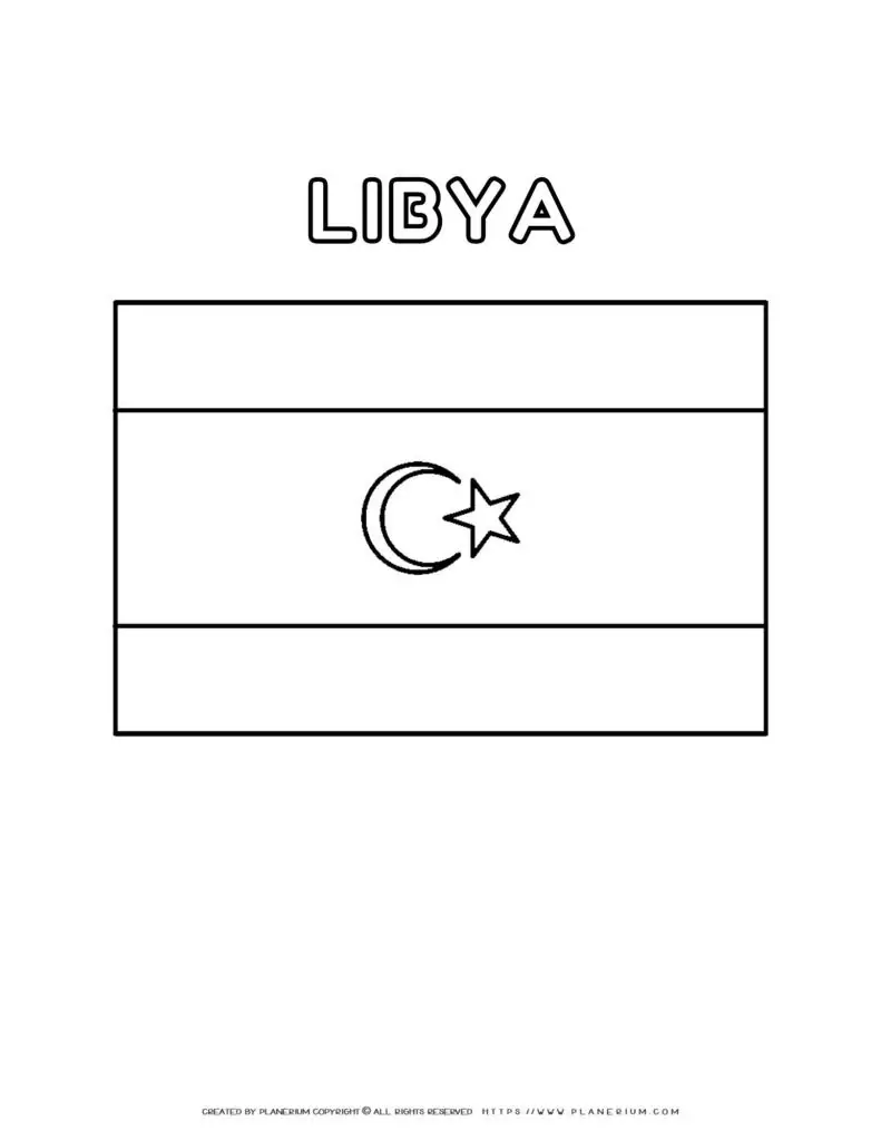 Coloring page of the flag of Libya for kids to learn about
  the country's national symbol. Perfect for educational purposes and creative
  fun.