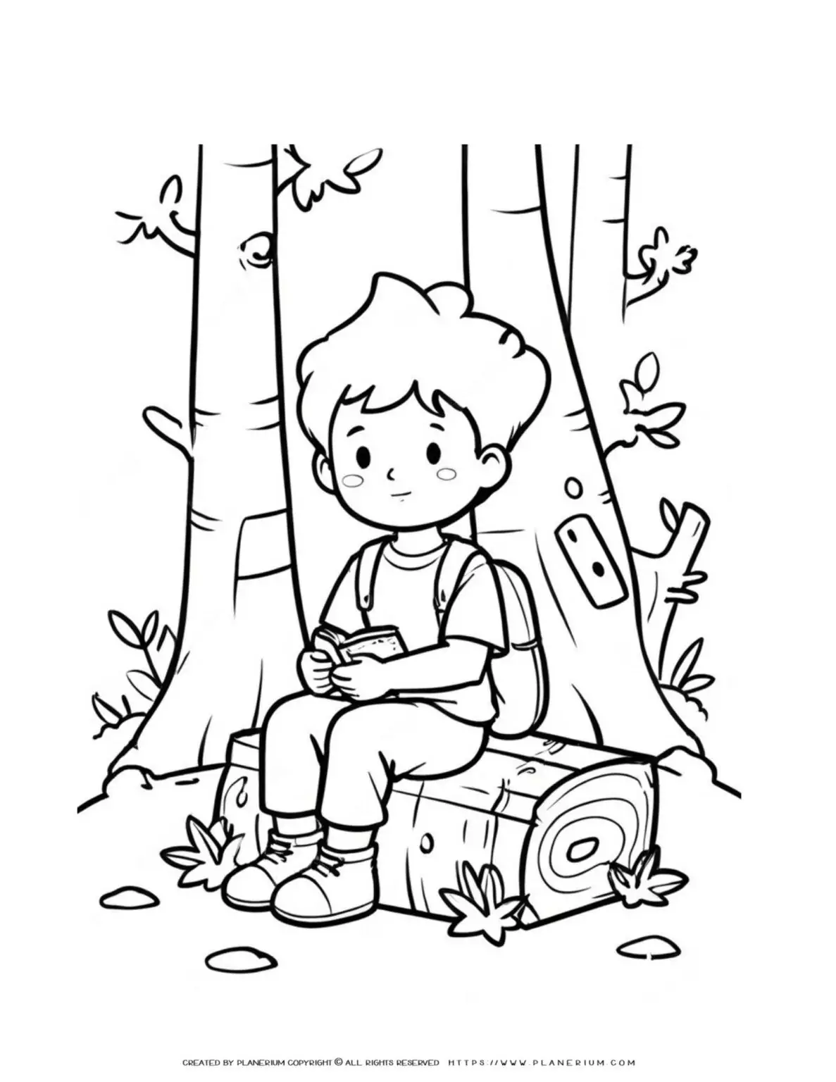 Child reading book on tree stump