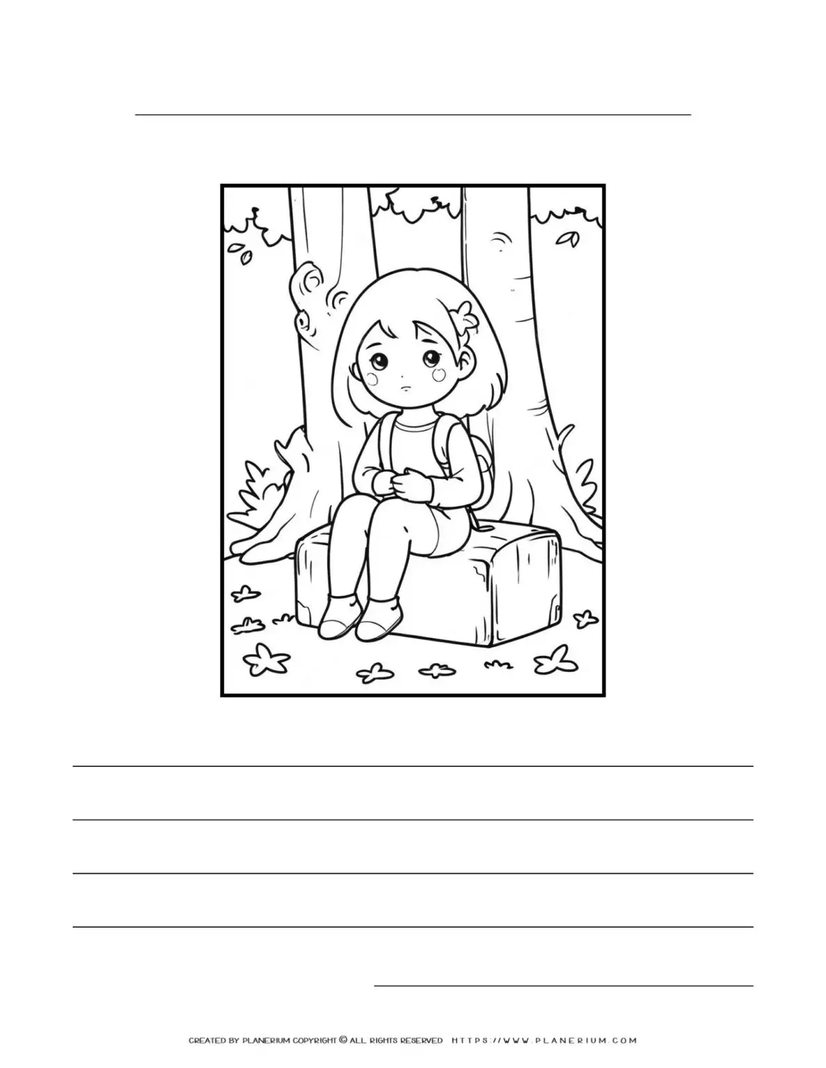 Child sitting on stone under tree with notebook